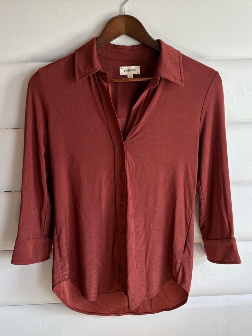 L’AGENCE Dani Blouse Brick Liquid Jersey Button-Up Blouse 3/4 Sleeve XS